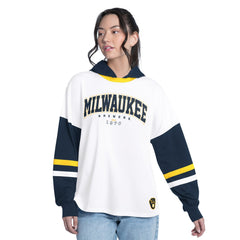 White/Navy Milwaukee Brewers G-III 4Her by Carl Banks Women's Key Player Oversized Hooded Long Sleeve T-Shirt