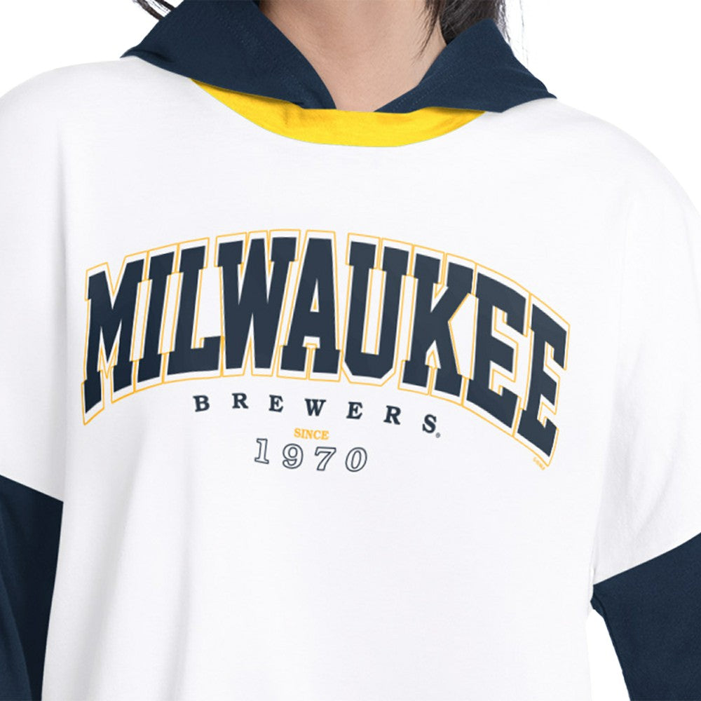 White/Navy Milwaukee Brewers G-III 4Her by Carl Banks Women's Key Player Oversized Hooded Long Sleeve T-Shirt