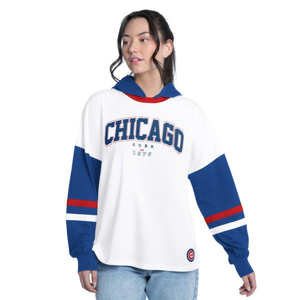 White/Royal Chicago Cubs G-III 4Her by Carl Banks Women's Key Player Oversized Hooded Long Sleeve T-Shirt