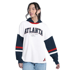White/Navy Atlanta Braves G-III 4Her by Carl Banks Women's Key Player Oversized Hooded Long Sleeve T-Shirt