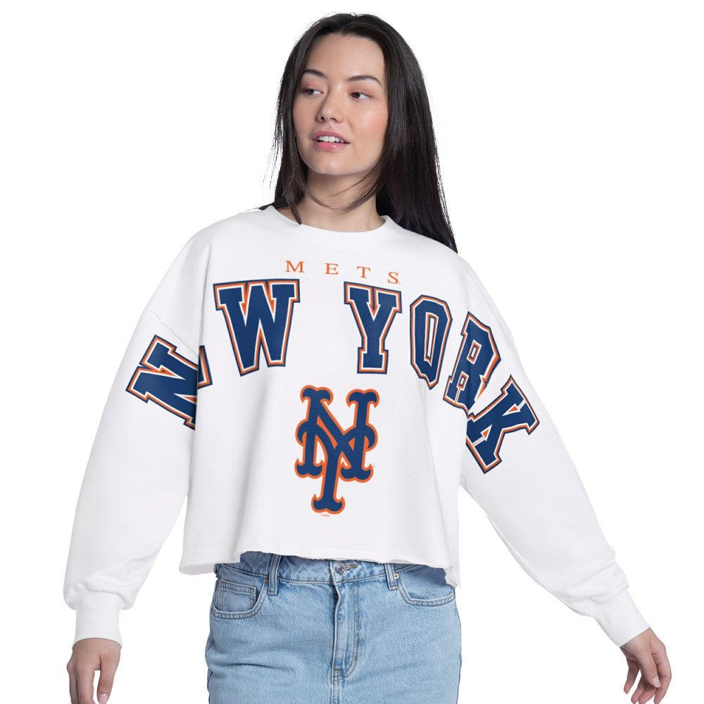 White New York Mets G-III 4Her by Carl Banks Women's Bleachers Cropped Pullover Sweatshirt
