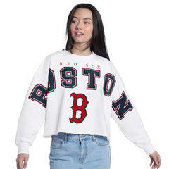 White Boston Red Sox G-III 4Her by Carl Banks Women's Bleachers Cropped Pullover Sweatshirt