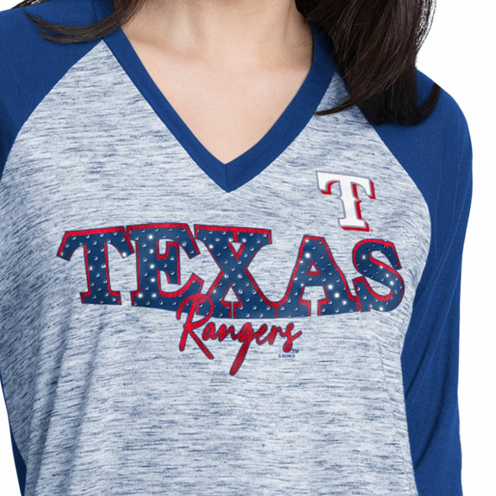 Royal/Heather Royal Texas Rangers G-III 4Her by Carl Banks Women's Speed Training 3/4-Sleeve Rhinestone V-Neck T-Shirt
