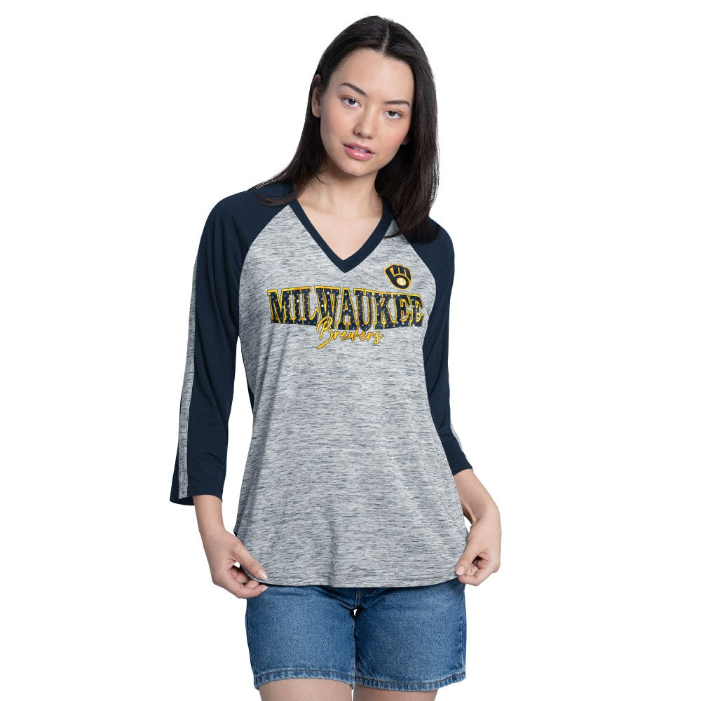 Navy/Heather Navy Milwaukee Brewers G-III 4Her by Carl Banks Women's Speed Training 3/4-Sleeve Rhinestone V-Neck T-Shirt
