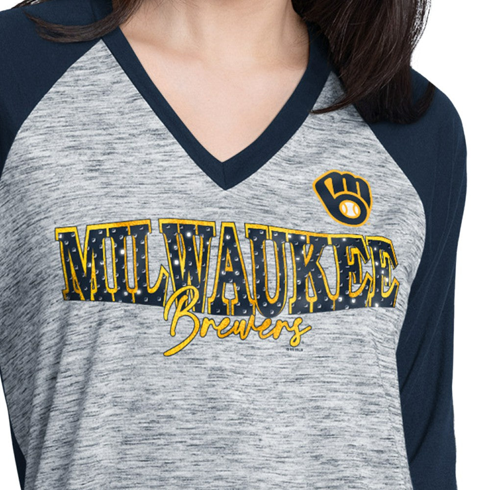 Navy/Heather Navy Milwaukee Brewers G-III 4Her by Carl Banks Women's Speed Training 3/4-Sleeve Rhinestone V-Neck T-Shirt