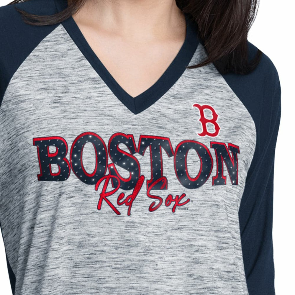 Navy/Heather Navy Boston Red Sox G-III 4Her by Carl Banks Women's Speed Training 3/4-Sleeve Rhinestone V-Neck T-Shirt
