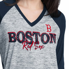 Navy/Heather Navy Boston Red Sox G-III 4Her by Carl Banks Women's Speed Training 3/4-Sleeve Rhinestone V-Neck T-Shirt
