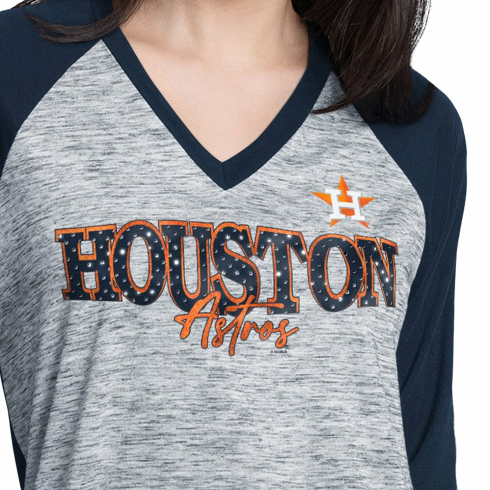 Navy/Heather Navy Houston Astros G-III 4Her by Carl Banks Women's Speed Training 3/4-Sleeve Rhinestone V-Neck T-Shirt