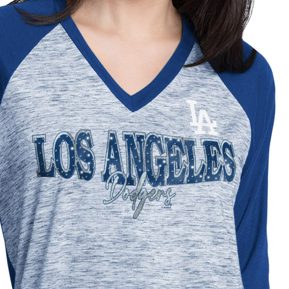 Royal/Heather Royal Los Angeles Dodgers G-III 4Her by Carl Banks Women's Speed Training 3/4-Sleeve Rhinestone V-Neck T-Shirt
