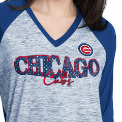 Royal/Heather Gray Chicago Cubs G-III 4Her by Carl Banks Women's Speed Training 3/4-Sleeve Rhinestone V-Neck T-Shirt