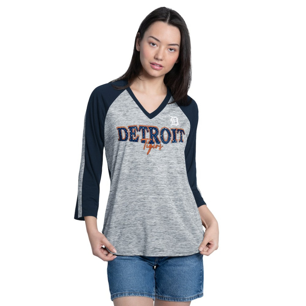 Navy/Heather Navy Detroit Tigers G-III 4Her by Carl Banks Women's Speed Training 3/4-Sleeve Rhinestone V-Neck T-Shirt