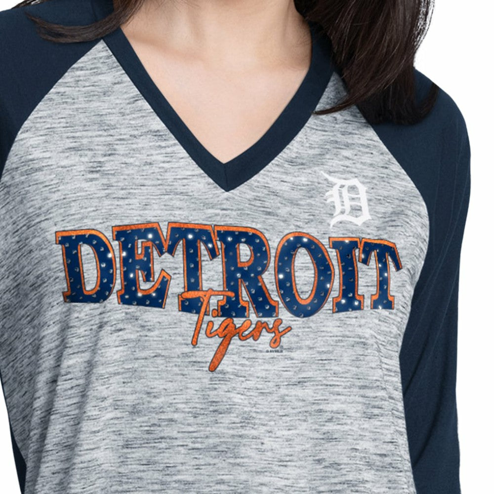 Navy/Heather Navy Detroit Tigers G-III 4Her by Carl Banks Women's Speed Training 3/4-Sleeve Rhinestone V-Neck T-Shirt