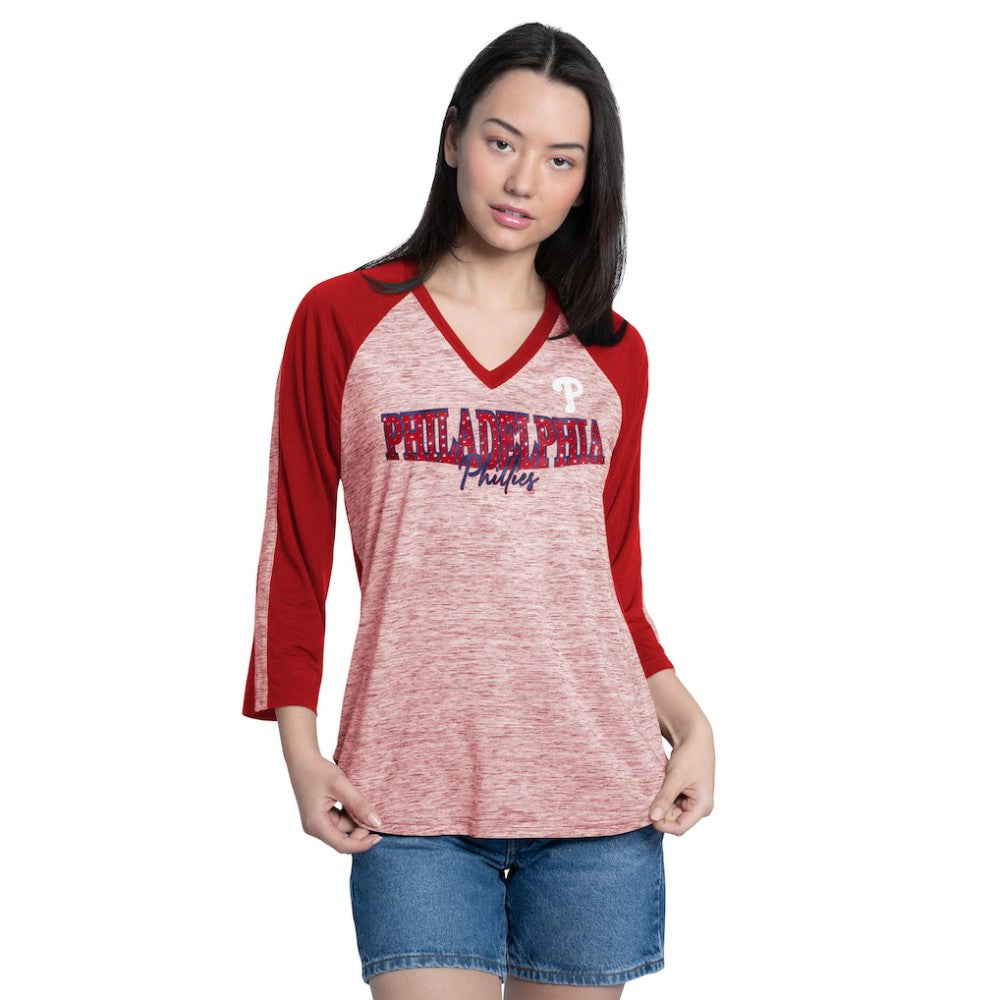 Red/Heather Red Philadelphia Phillies G-III 4Her by Carl Banks Women's Speed Training 3/4-Sleeve Rhinestone V-Neck T-Shirt