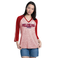 Red/Heather Red Philadelphia Phillies G-III 4Her by Carl Banks Women's Speed Training 3/4-Sleeve Rhinestone V-Neck T-Shirt