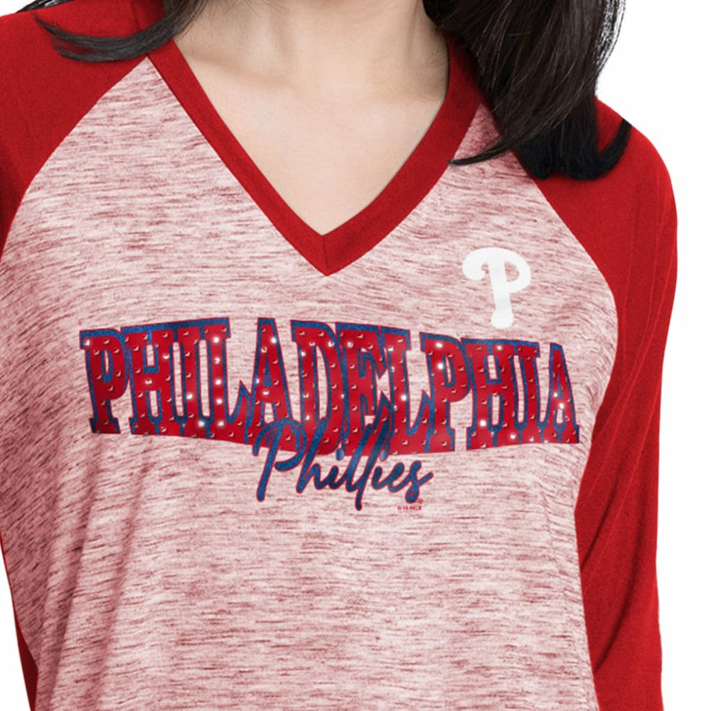 Red/Heather Red Philadelphia Phillies G-III 4Her by Carl Banks Women's Speed Training 3/4-Sleeve Rhinestone V-Neck T-Shirt