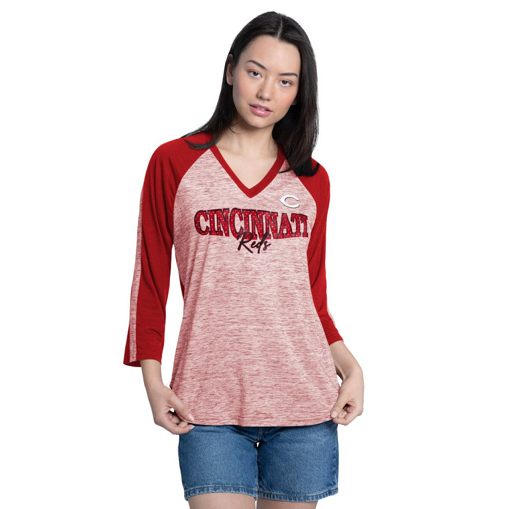 Red/Heather Red Cincinnati Reds G-III 4Her by Carl Banks Women's Speed Training 3/4-Sleeve Rhinestone V-Neck T-Shirt