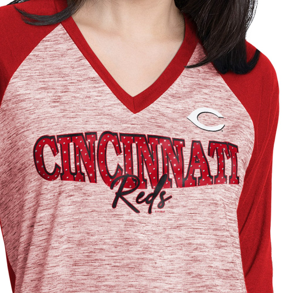 Red/Heather Red Cincinnati Reds G-III 4Her by Carl Banks Women's Speed Training 3/4-Sleeve Rhinestone V-Neck T-Shirt