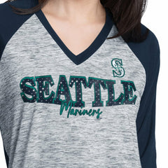 Navy/Heather Navy Seattle Mariners G-III 4Her by Carl Banks Women's Speed Training 3/4-Sleeve Rhinestone V-Neck T-Shirt