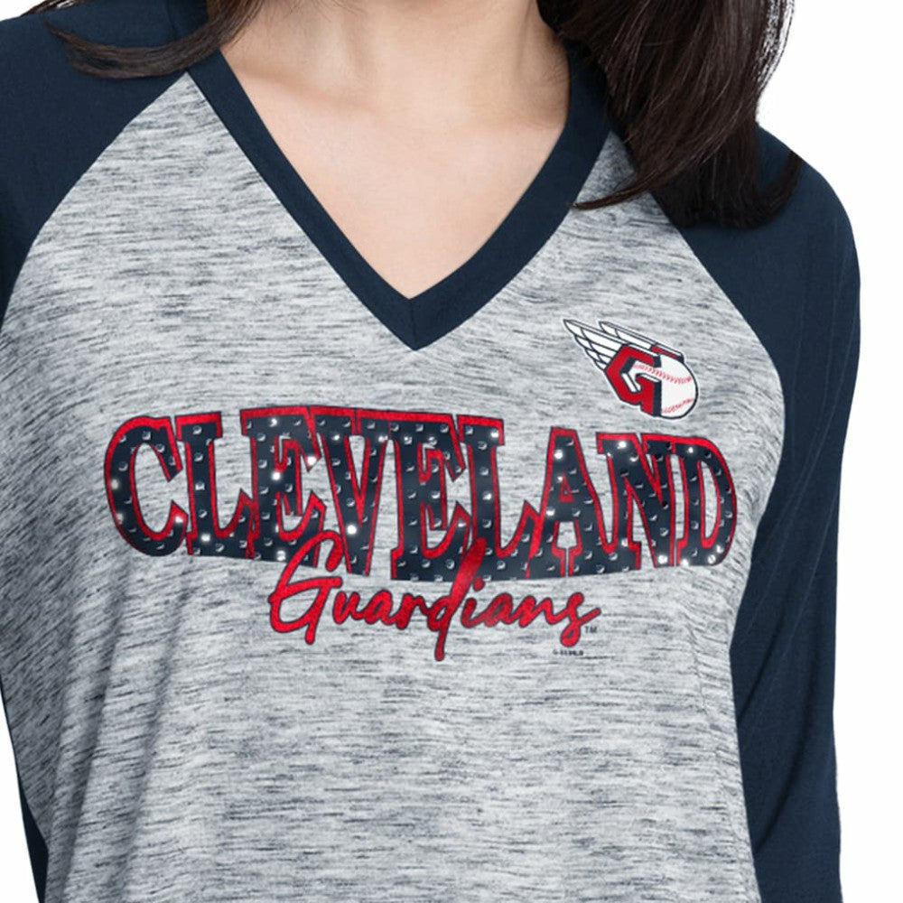 Navy/Heather Navy Cleveland Guardians G-III 4Her by Carl Banks Women's Speed Training 3/4-Sleeve Rhinestone V-Neck T-Shirt