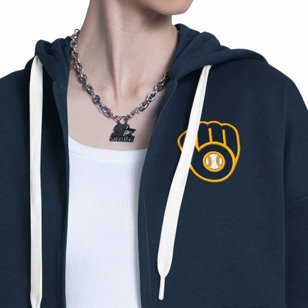Navy/Heather Gray Milwaukee Brewers Starter Women's Wishbone Full-Zip Hoodie
