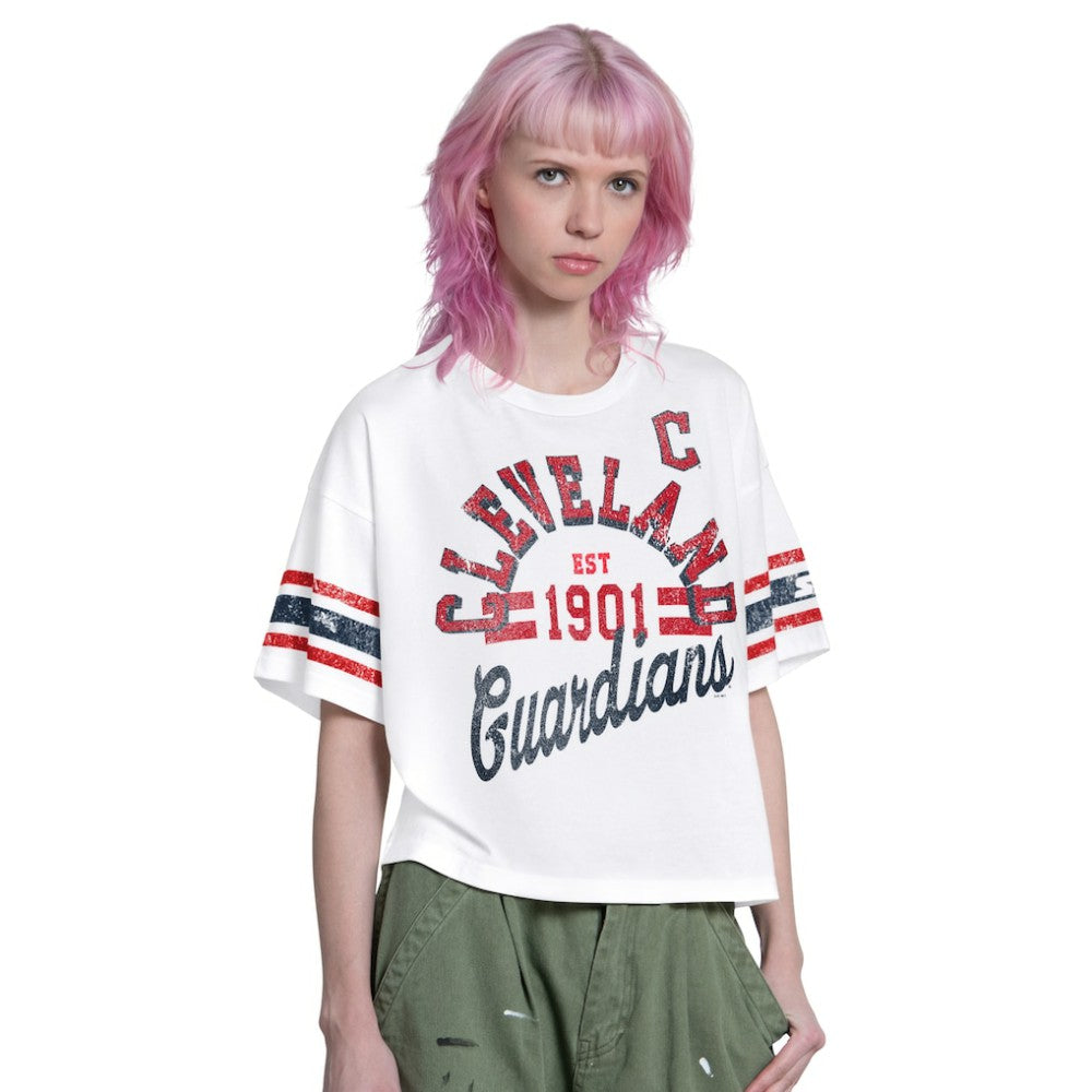 White Cleveland Guardians Starter Women's Cropped Hurry Up Offense T-Shirt
