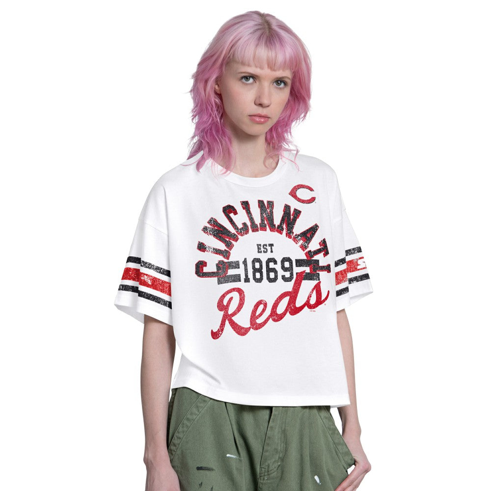 White Cincinnati Reds Starter Women's Cropped Hurry Up Offense T-Shirt