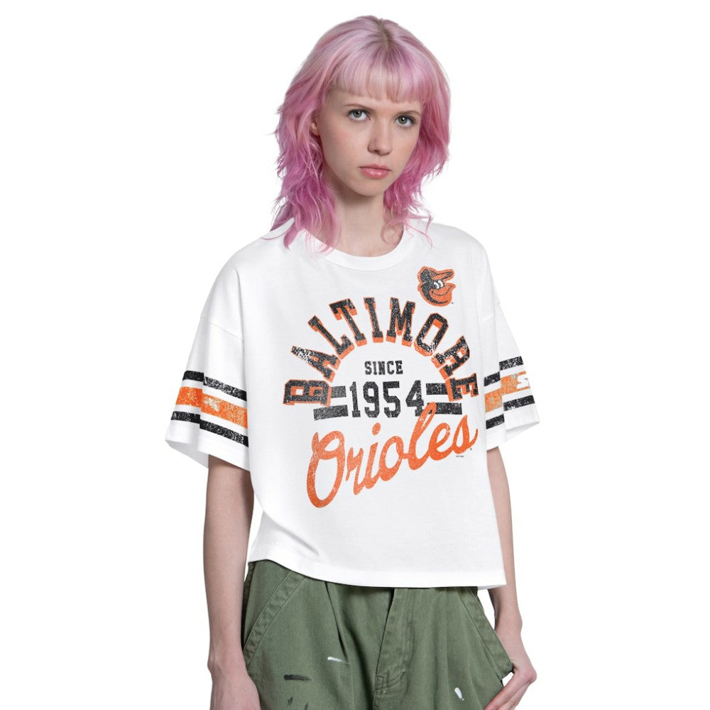 White Baltimore Orioles Starter Women's Cropped Hurry Up Offense T-Shirt