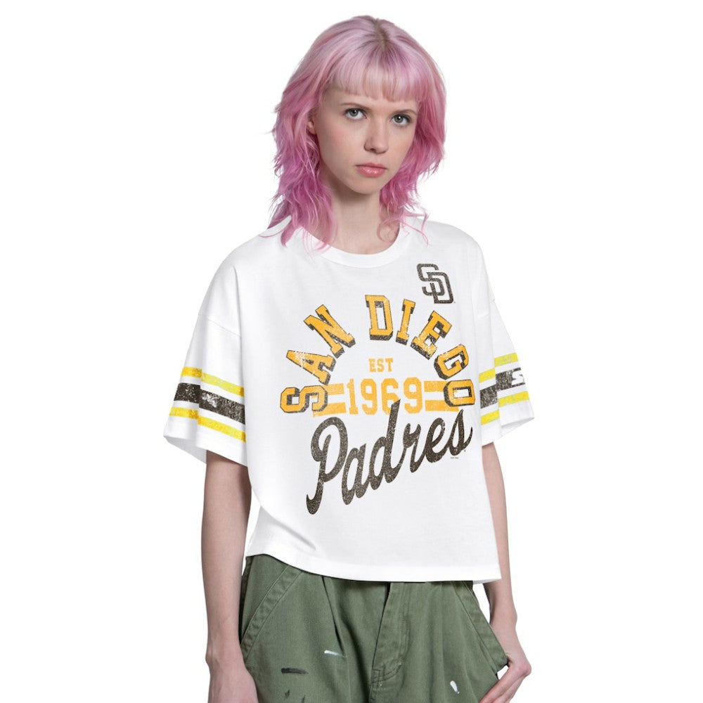 White San Diego Padres Starter Women's Cropped Hurry Up Offense T-Shirt