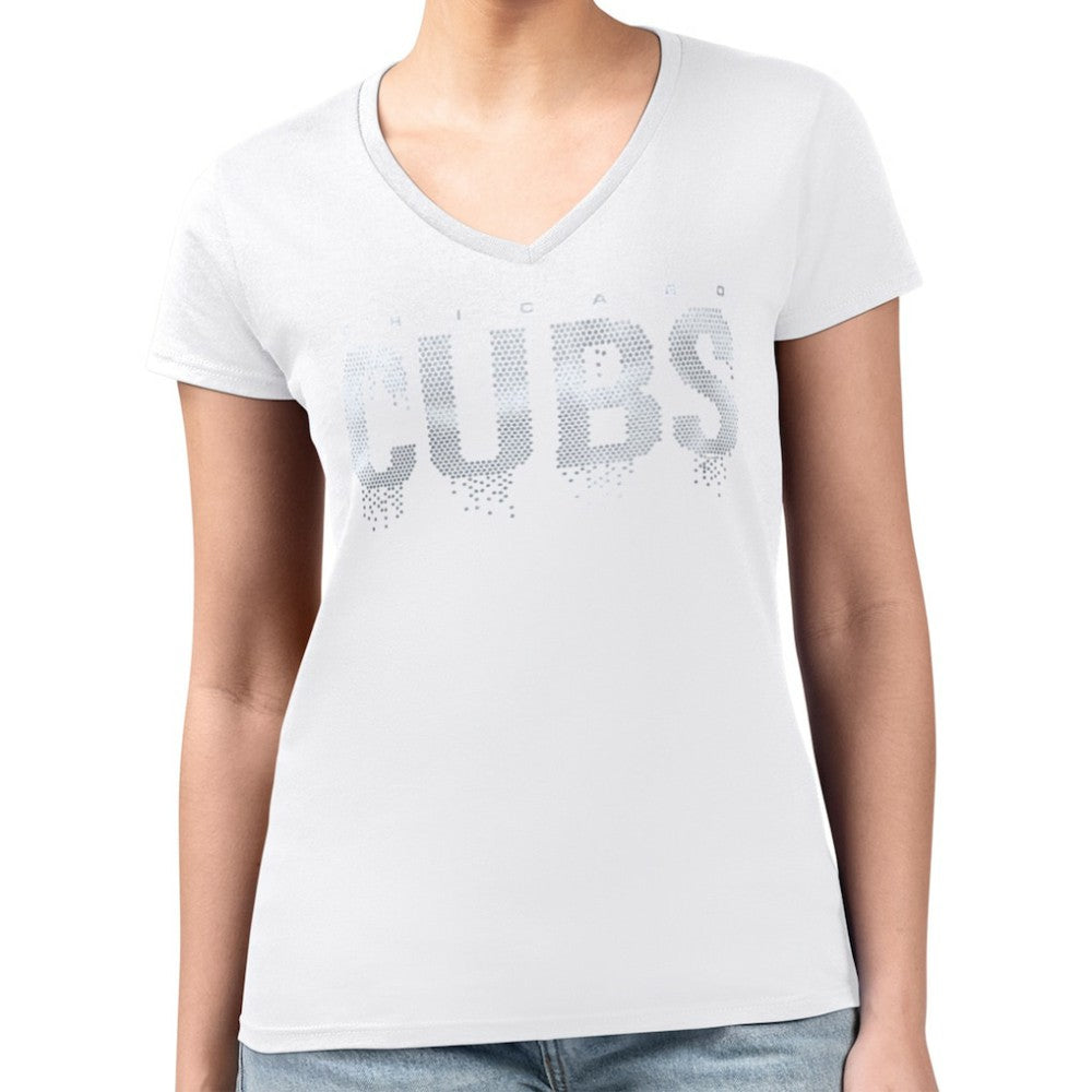 White Chicago Cubs G-III 4Her by Carl Banks Women's Metallic Drop Lightweight V-Neck T-Shirt