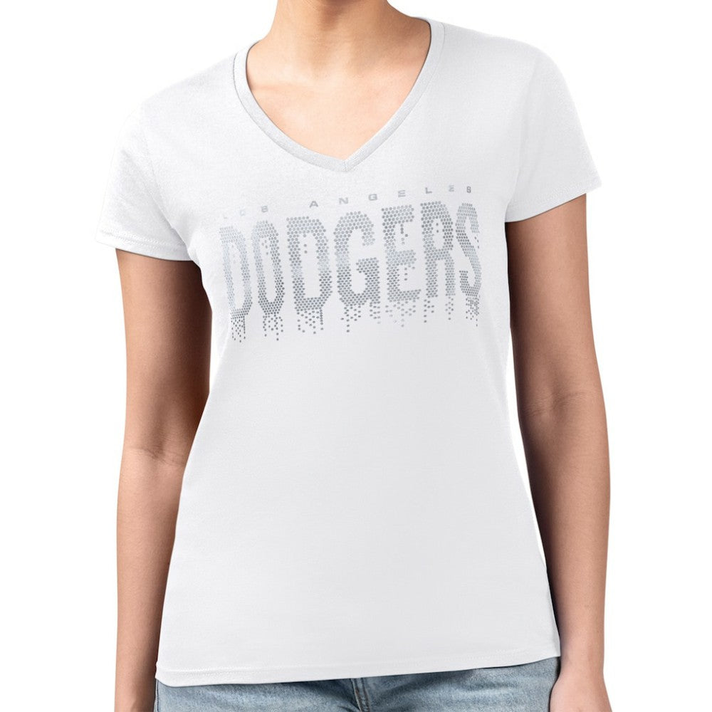 White Los Angeles Dodgers G-III 4Her by Carl Banks Women's Metallic Drop Lightweight V-Neck T-Shirt