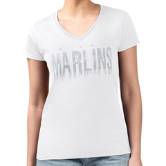 White Miami Marlins G-III 4Her by Carl Banks Women's Metallic Drop Lightweight V-Neck T-Shirt
