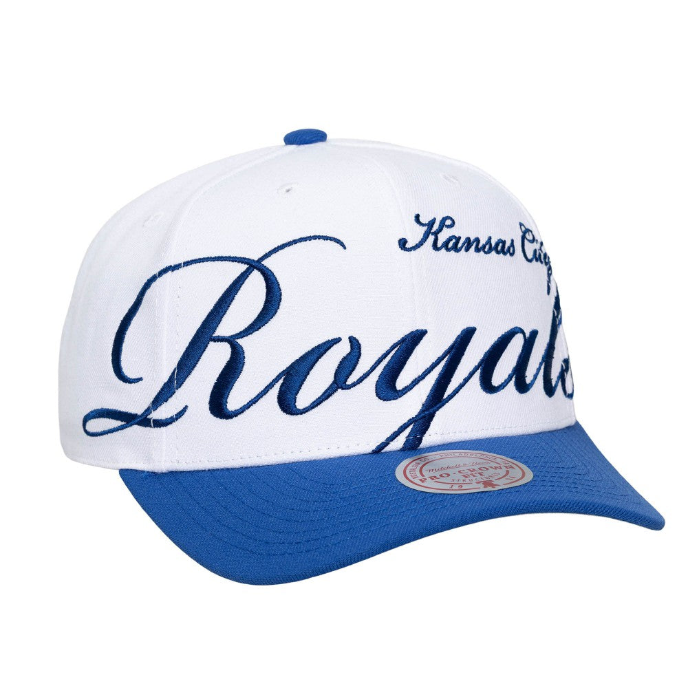 White/Royal Kansas City Royals Mitchell & Ness Unisex XL Script Pro Crown Snapback Hat