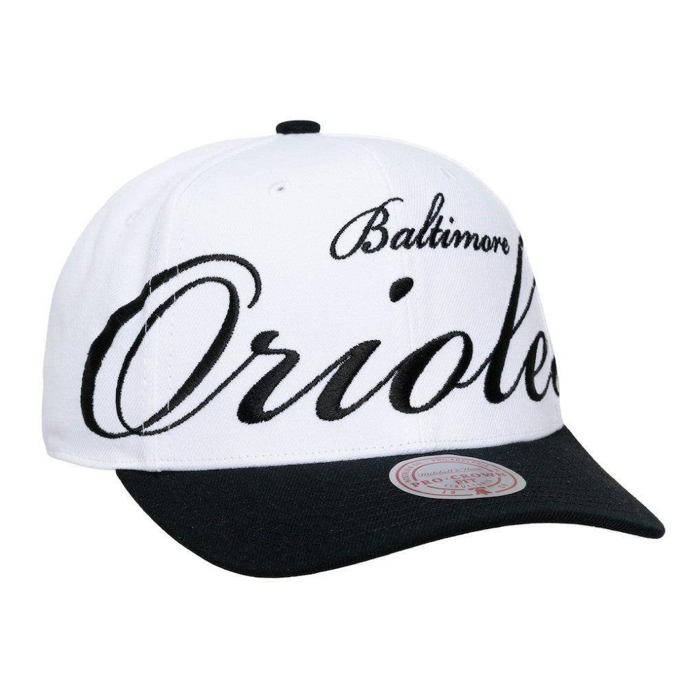 White/Black Baltimore Orioles Mitchell & Ness Unisex XL Script Pro Crown Snapback Hat