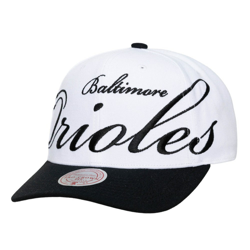 White/Black Baltimore Orioles Mitchell & Ness Unisex XL Script Pro Crown Snapback Hat