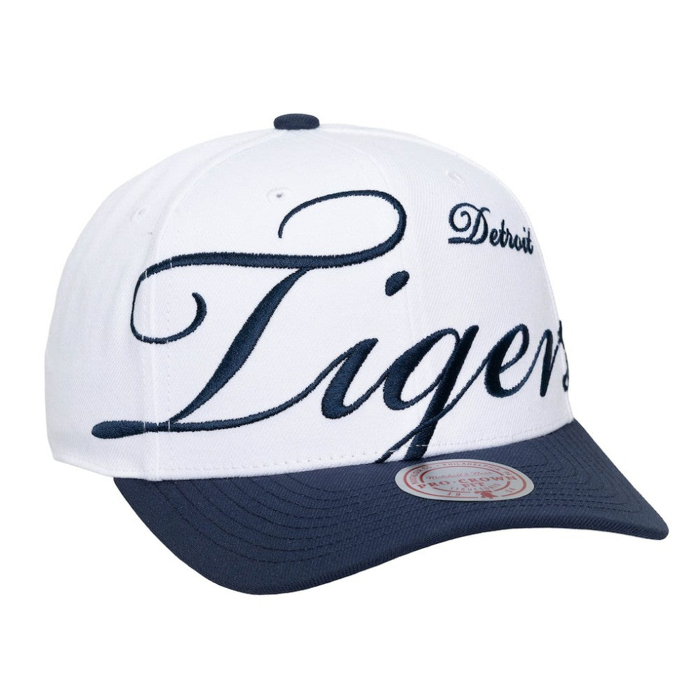 White/Navy Detroit Tigers Mitchell & Ness Unisex XL Script Pro Crown Snapback Hat