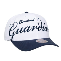 White/Navy Cleveland Guardians Mitchell & Ness Unisex XL Script Pro Crown Snapback Hat
