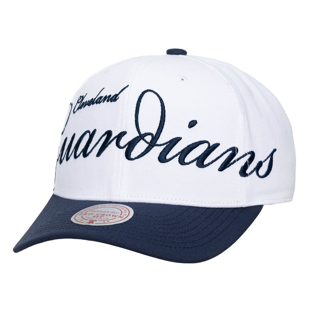 White/Navy Cleveland Guardians Mitchell & Ness Unisex XL Script Pro Crown Snapback Hat