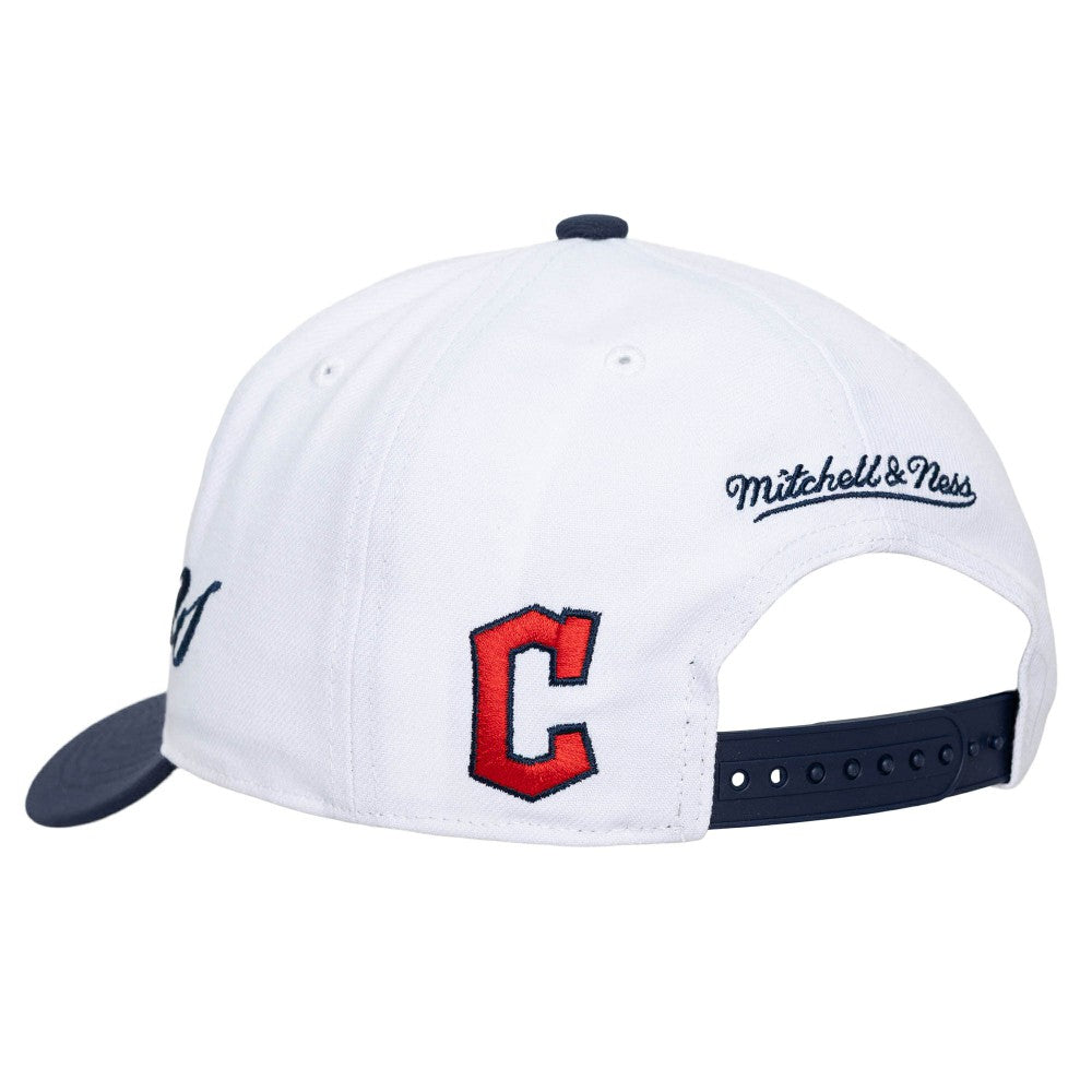White/Navy Cleveland Guardians Mitchell & Ness Unisex XL Script Pro Crown Snapback Hat