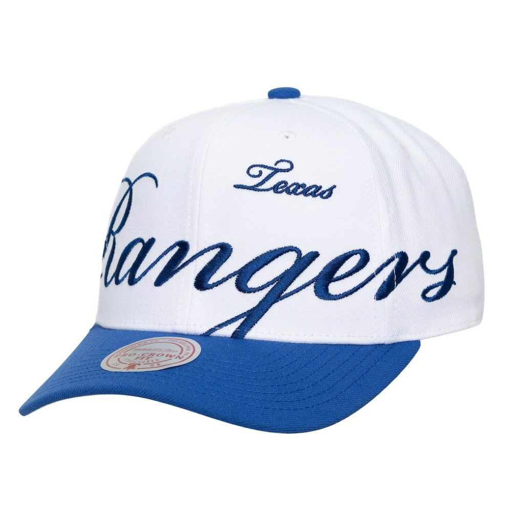 White/Royal Texas Rangers Mitchell & Ness Unisex XL Script Pro Crown Adjustable Hat