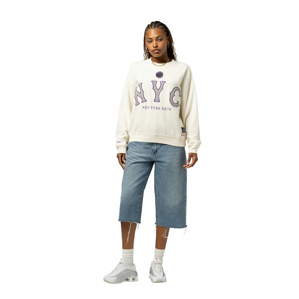 Cream New York Mets Mitchell & Ness Women's Premium Oversized Crewneck Sweatshirt