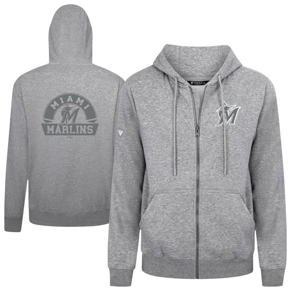 Heather Gray Miami Marlins Levelwear Podium Chenille Logo Full-Zip Hoodie