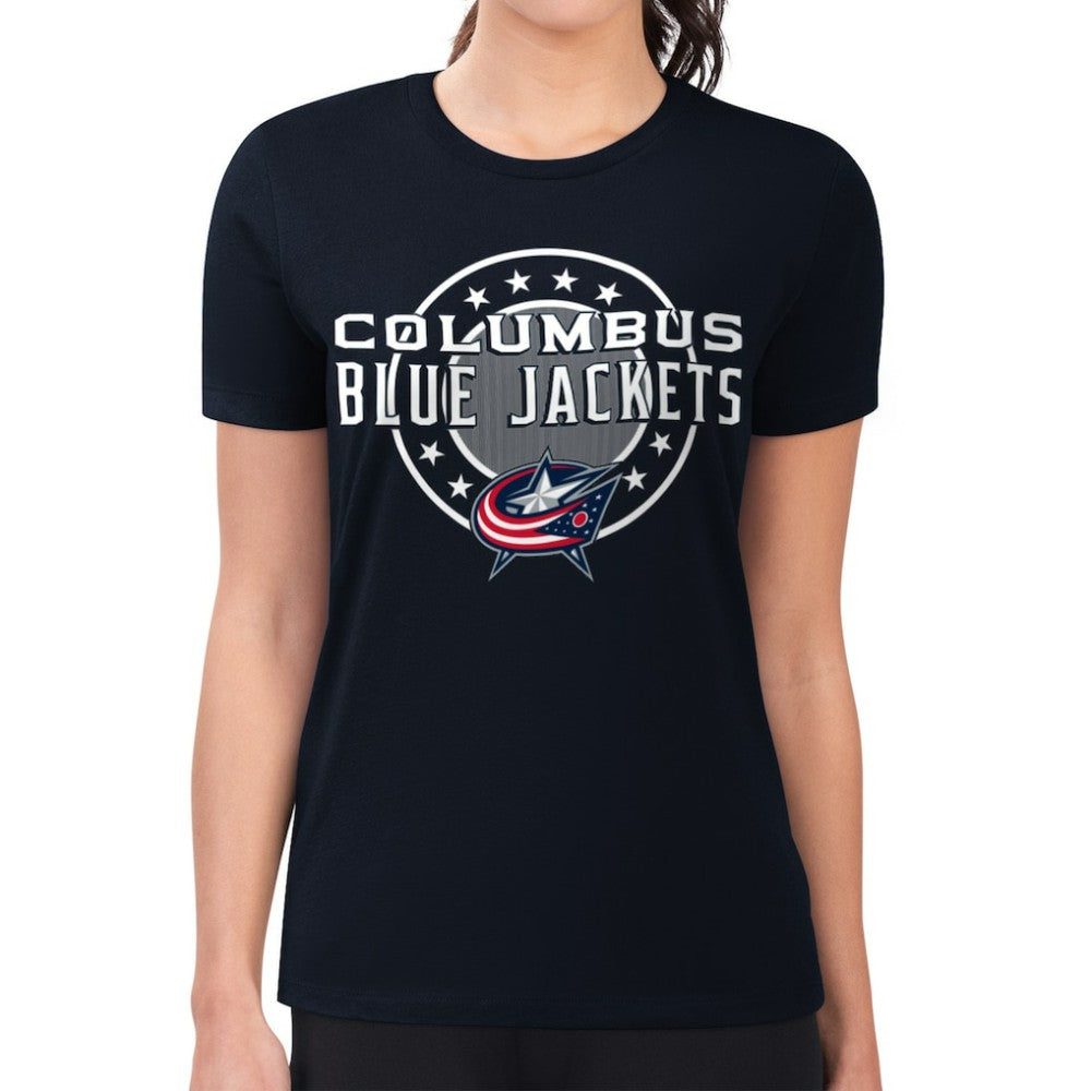 NHL Columbus Blue Jackets G-III 4Her by Carl Banks Women's Super-Slim Lightweight Pinstripe Circle Graphic T-Shirt
