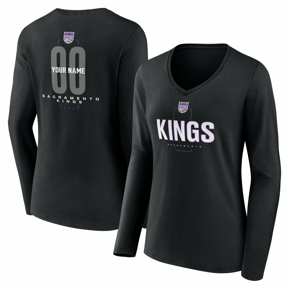Sacramento Kings Women's Center Court Name & Number Custom Long Sleeve V-Neck T-Shirt