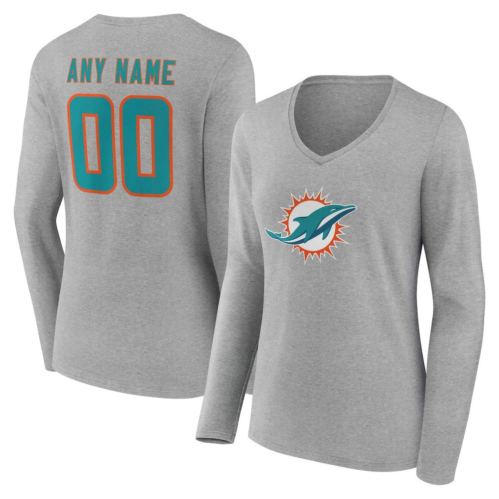 Women's Team Authentic Personalized Name & Number Long Sleeve V-Neck T-Shirt - Miami Dolphins T-shirts