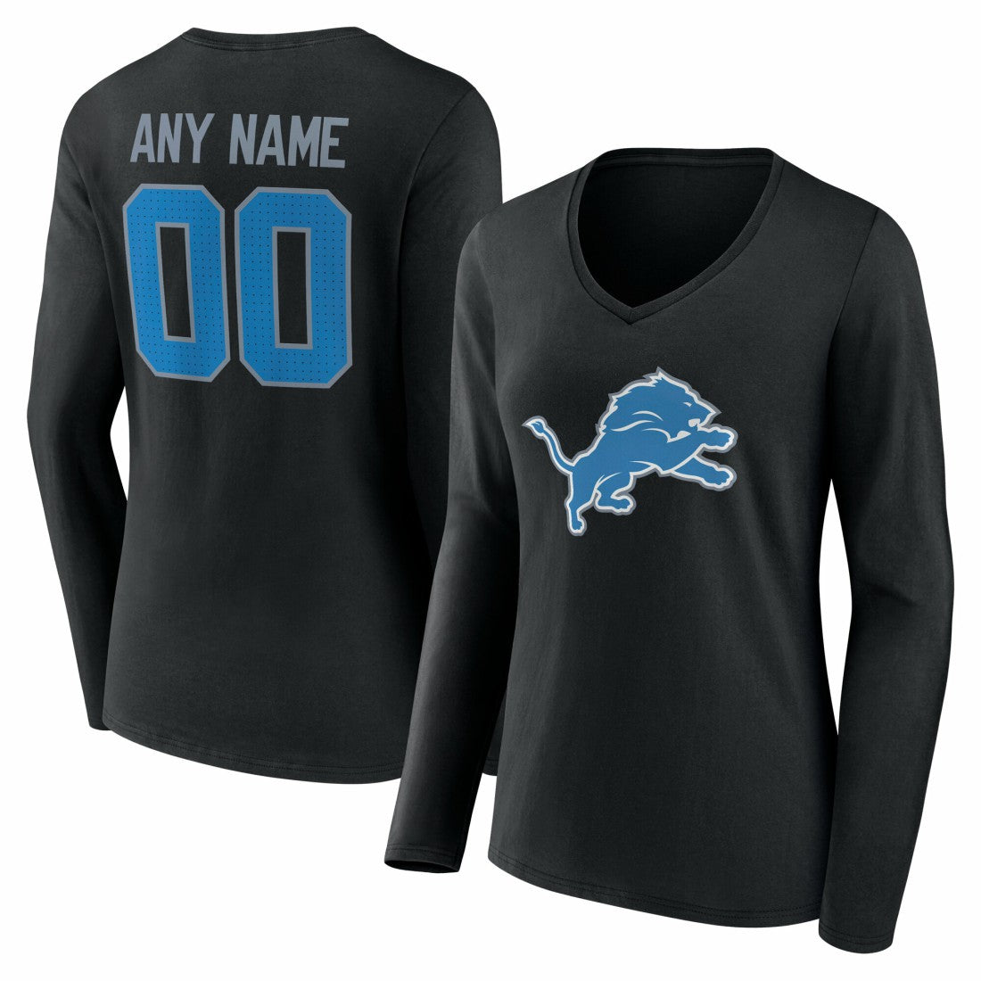 Women's Team Authentic Personalized Name & Number Long Sleeve V-Neck T-Shirt - Detroit Lions T-shirts