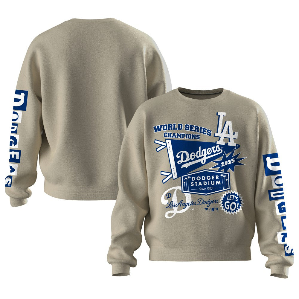 Beige Los Angeles Dodgers Fanatics Women's 2025 World Series Champions Pennant Spirit Jersey Fleece Sweatshirt