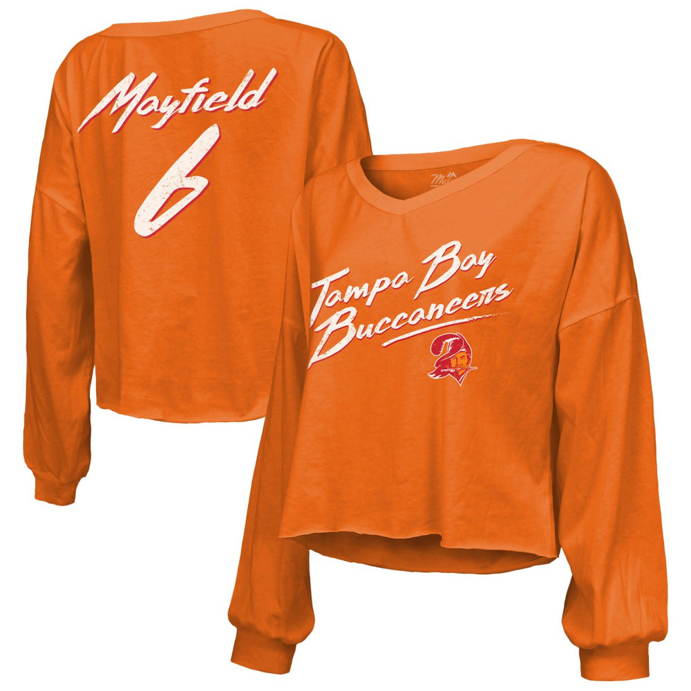 Baker Mayfield  Majestic Threads Women's Off-Shoulder Script Name & Number V-Neck T-Shirt - Tampa Bay Buccaneers T-shirts