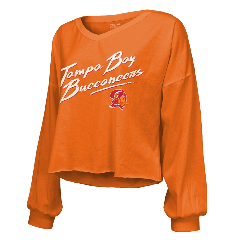 Baker Mayfield  Majestic Threads Women's Off-Shoulder Script Name & Number V-Neck T-Shirt - Tampa Bay Buccaneers T-shirts