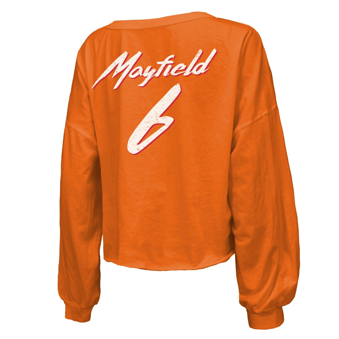 Baker Mayfield  Majestic Threads Women's Off-Shoulder Script Name & Number V-Neck T-Shirt - Tampa Bay Buccaneers T-shirts