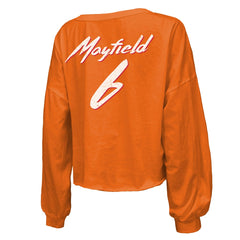 Baker Mayfield  Majestic Threads Women's Off-Shoulder Script Name & Number V-Neck T-Shirt - Tampa Bay Buccaneers T-shirts